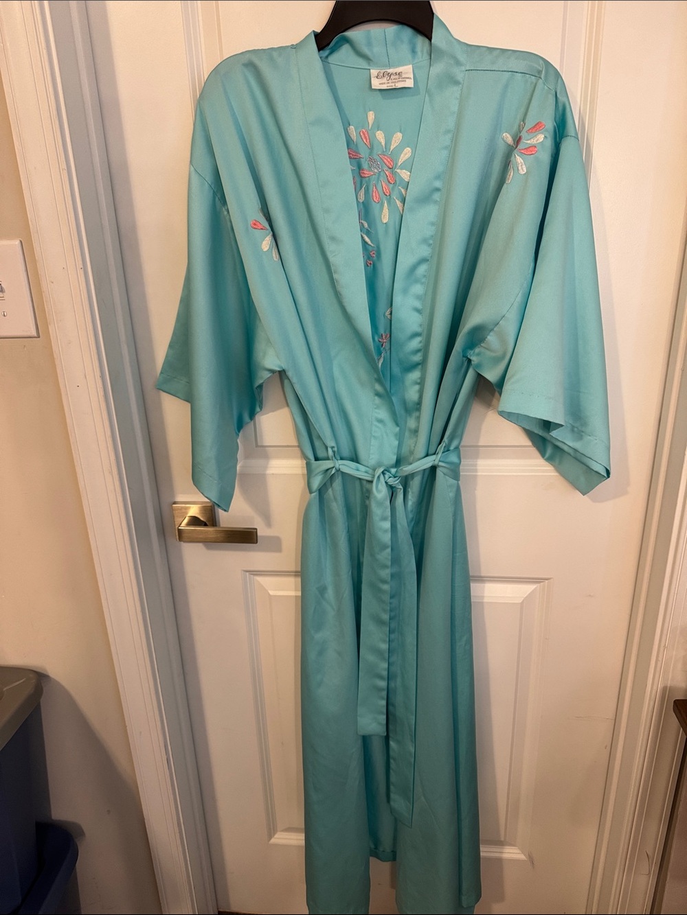 Light Aqua Satin Embroidered Tie-Waist Kimono Robe by Olga